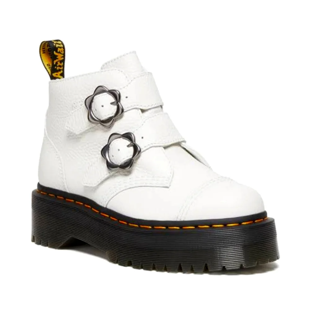 NIB DR. MARTENS Devon Flower Buckle White Leather Platform Boots Various Sizes - Picture 1 of 15